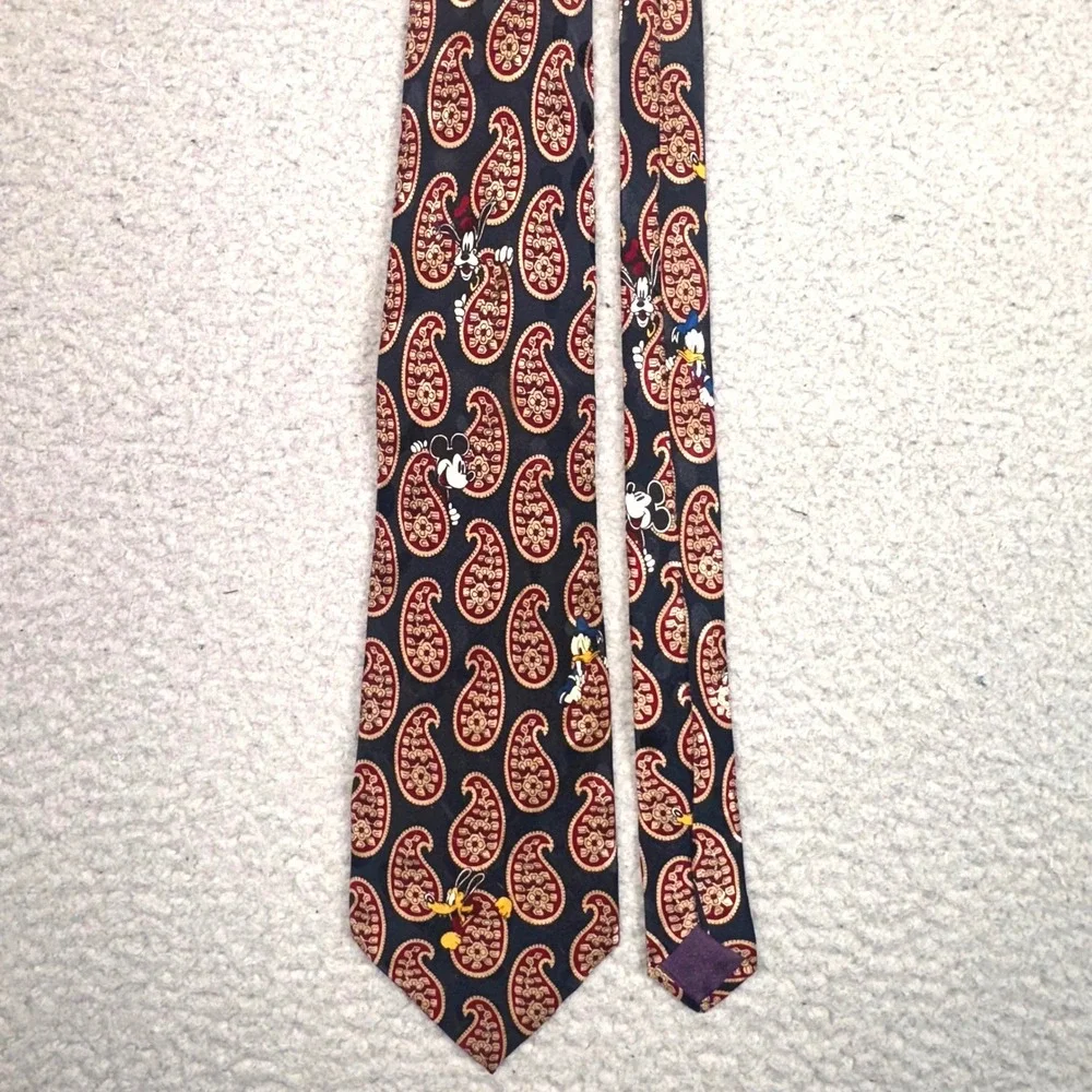Vintage Disney Store Silk Necktie Mens OS Navy Paisley Mickey Donald Goofy 90s
